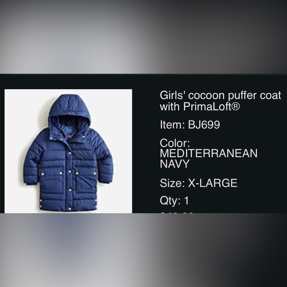 NWT JCrew Crewcuts Cocoon Hooded Puffer Coat with Primaloft XL Navy Blue